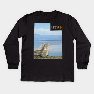 Utah State Outline - Antelope Island Causeway in the Great Salt Lake Kids Long Sleeve T-Shirt